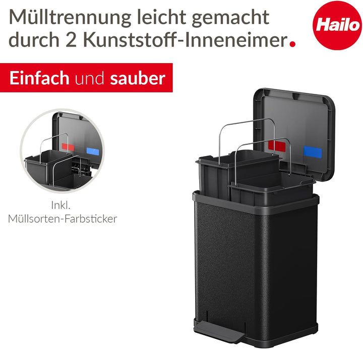 Hailo Öko duo Plus M Tret-Mülltrenner - freistehender 2 x 9 Liter Doppelmülleimer aus Stahlblech - M