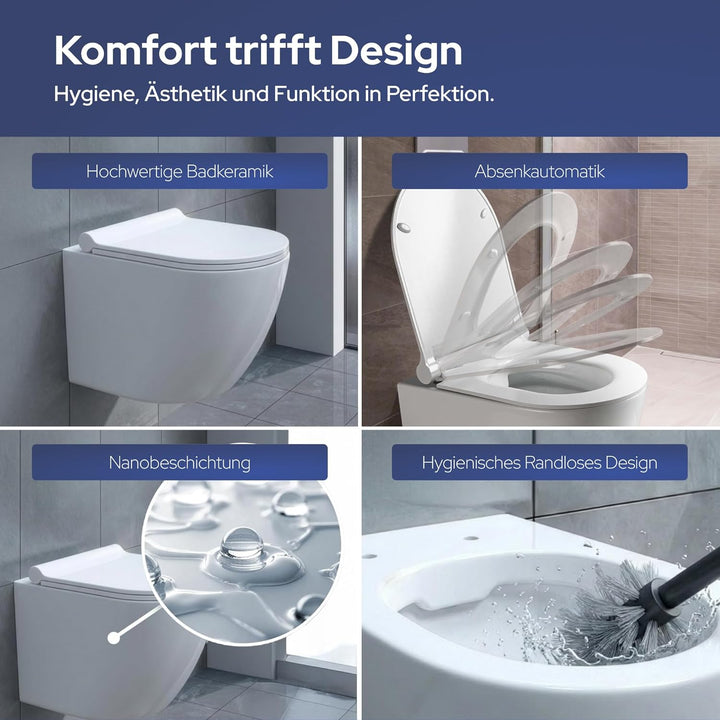 VILSTEIN | Hänge WC Spülrandlos | Toilette Komplett Set | Wand wc | Tiefspüler | Komplettset inkl. a