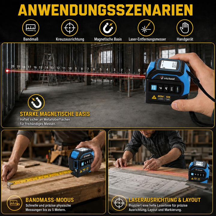 4-in-1 Laser Massband 40m + 5m Bandmass, Wiederaufladbarer Laser-Entfernungsmesser mit Wasserwaage u