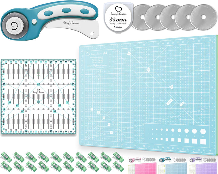 Honey's Heaven 45 mm Rollschneider Stoffschneider Set inkl. Schneideunterlage, Ersatzklingen, Stoffk