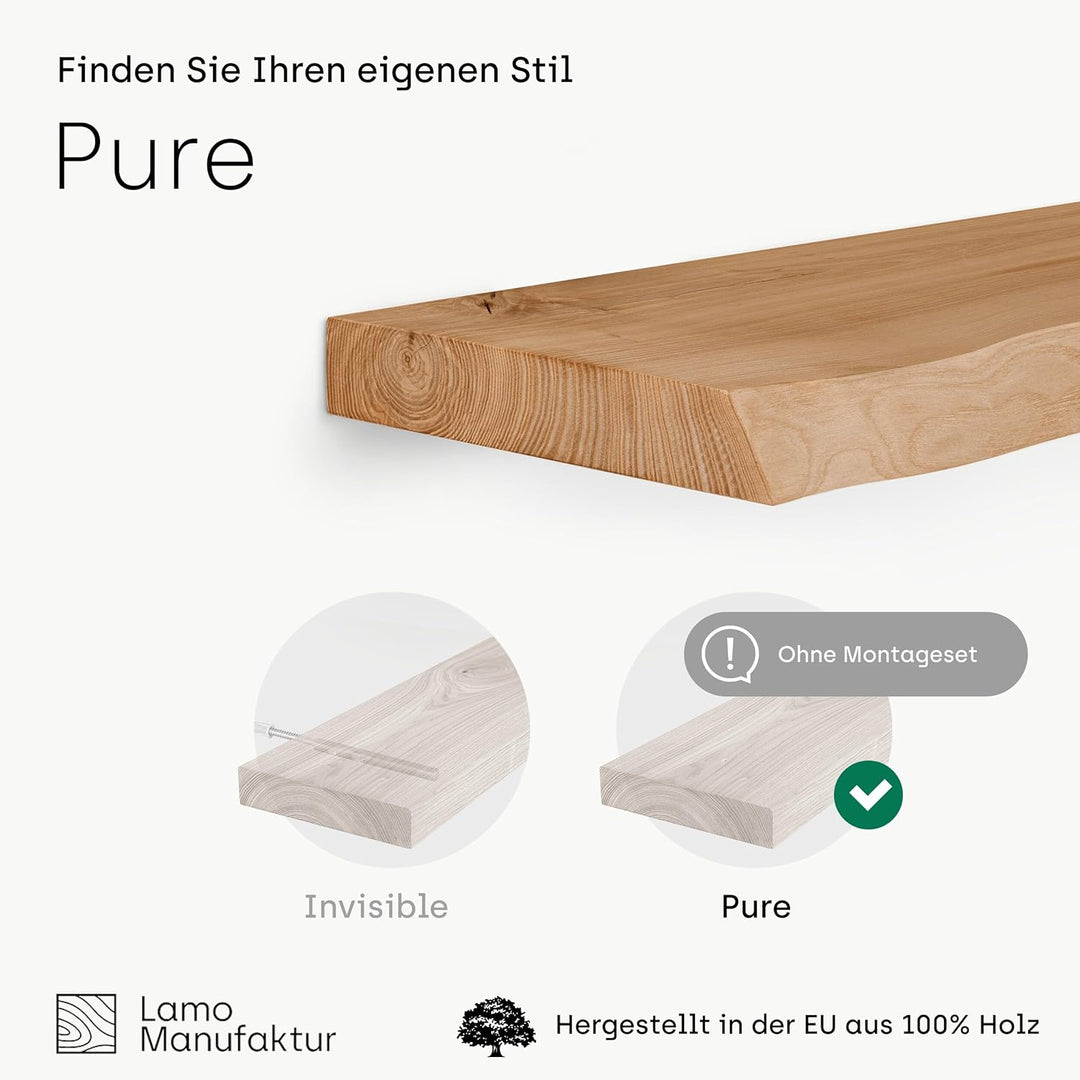 LAMO Manufaktur Wandregal Holz Baumkante | Regal Farbe: Rustikal | Pure: ohne Montage Set | 70 cm Pu