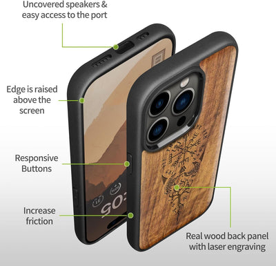 Carveit Holz Cover für iPhone 15 Pro Max hülle, Kompatibel mit Magsafe Silikon Stossfeste Cover, Mag