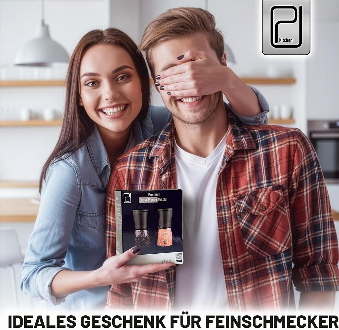 Schwarzes Edelstahl Gewürzmühle Set mit Ständer aus Bambus - Rotmetallgrauen Salz- und Pfeffermühlen