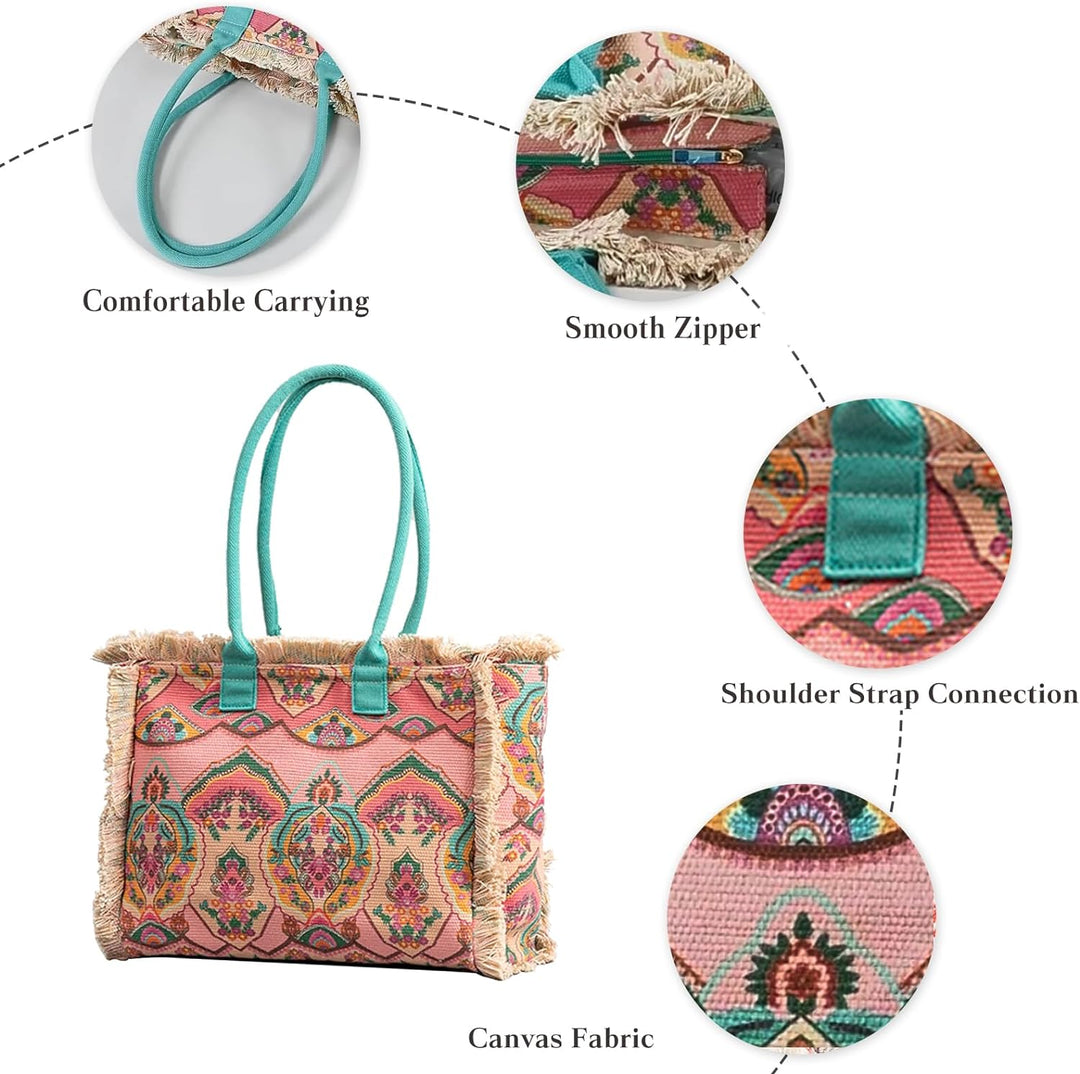 CORIOS Women Canvas Handbag Ethnic Style Tote Bag Retro Shoulder Bag with Tassels Summer Beach Bag L