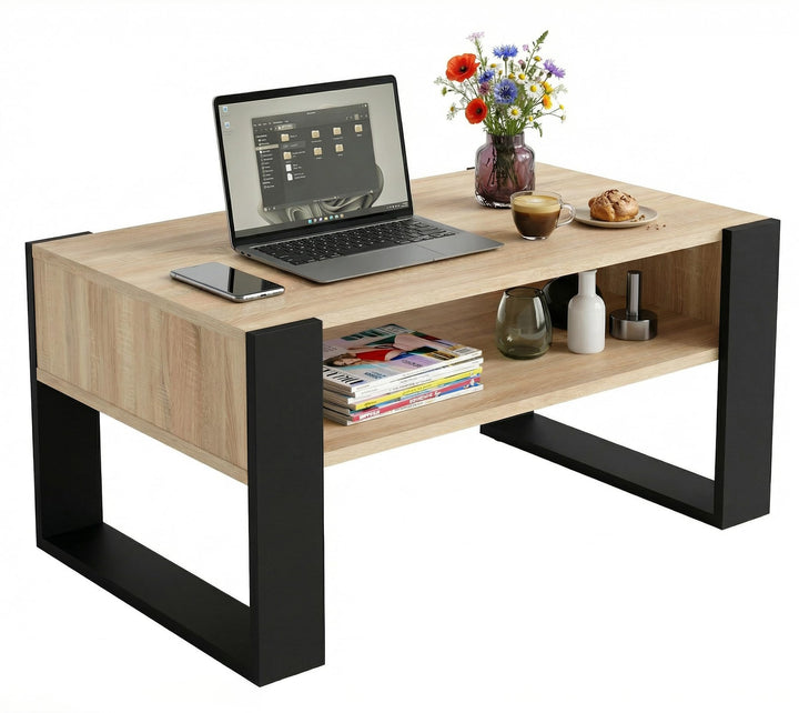CraftPAK Wohnzimmer Tisch für Couch aus hochwertigem Holz, moderner Couchtisch mit zusätzlicher Abla