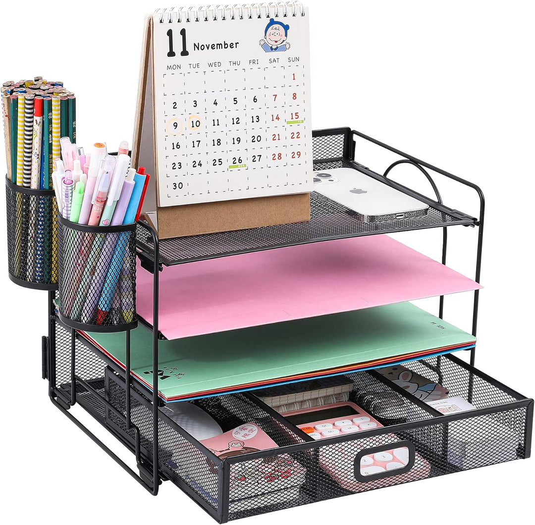 4-Trays Desktop File Organizer, Mesh Office Desk Supplies Organizer Dokument Brieffachhalter mit Sch
