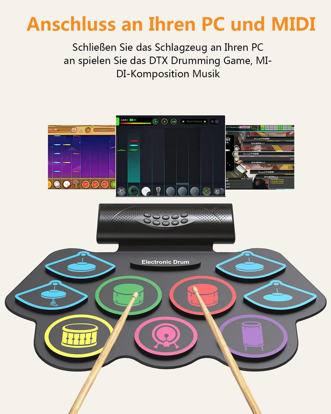 OYAYO Schlagzeug Elektronisch, 9 Pads Faltbares elektronisches schlagzeug mit Drumsticks, Tragrbares