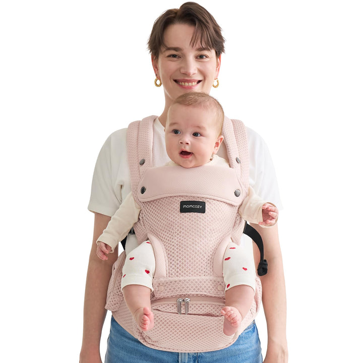 Momcozy Babytrage mit Hüftkissen, 2-in-1 Verstellbare &amp; Abnehmbare Babytrage bis 20kg Rosa