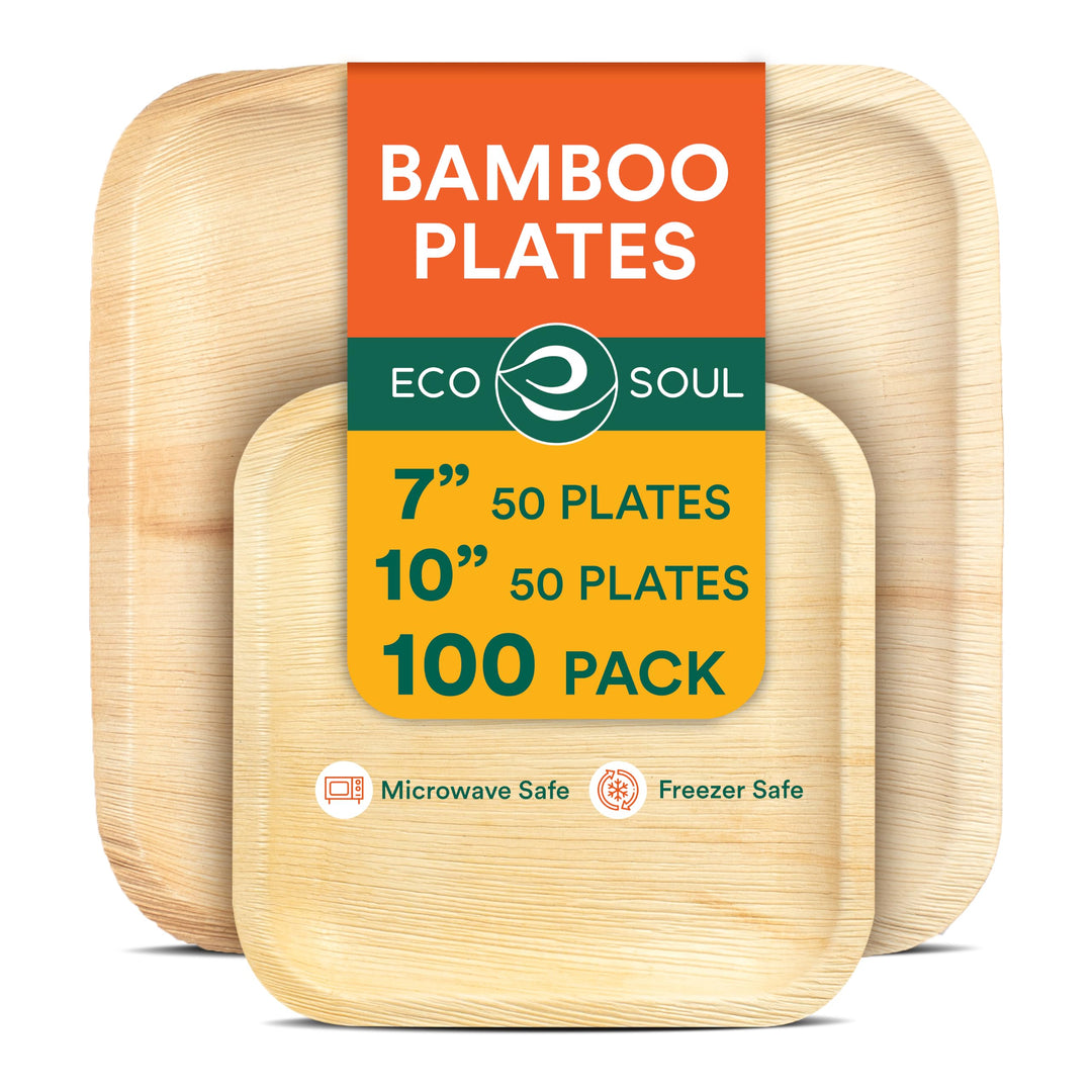 ECO SOUL Kompostierbare quadratische Palmblatt-Teller, 17,8 cm und 25,4 cm, wie Bambus-Teller, biolo