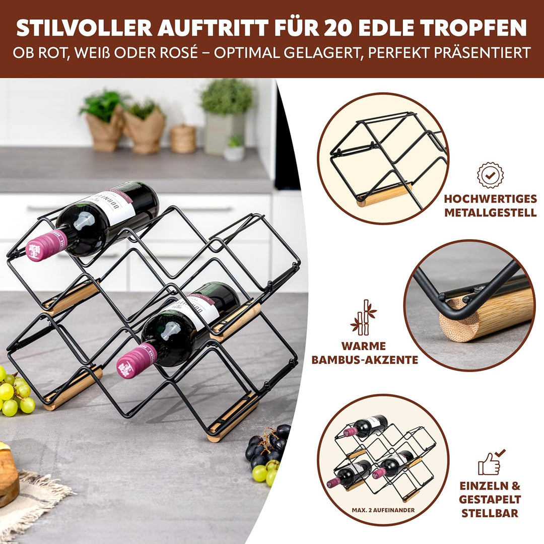 eluno Weinregal 4er-Set für 20 Flaschen, aus Metall und Bambus, stapelbar (ca. 39 x 14,5 x 15 (B/H/T