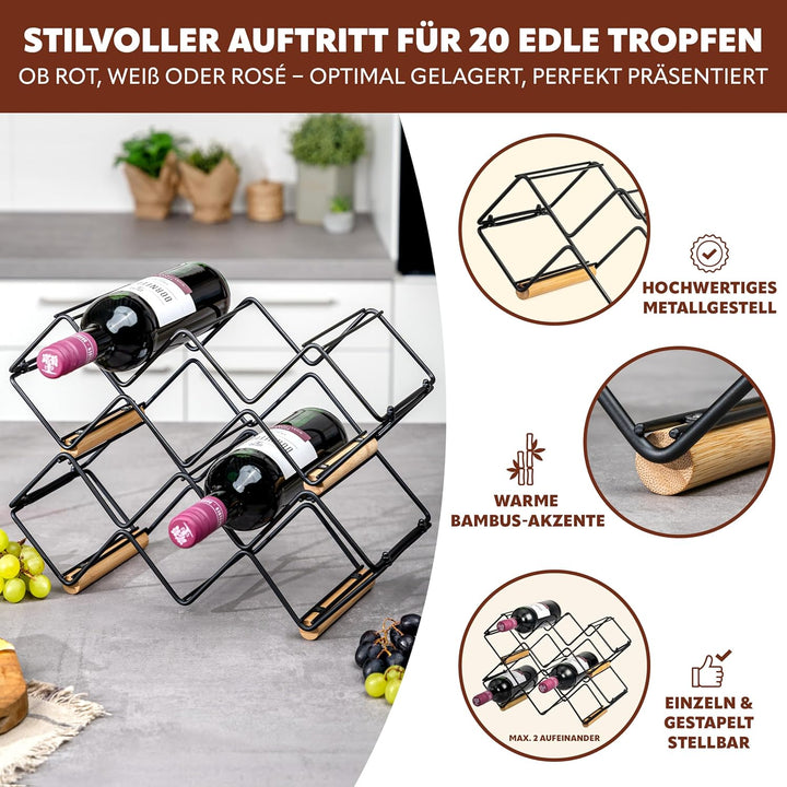eluno Weinregal 4er-Set für 20 Flaschen, aus Metall und Bambus, stapelbar (ca. 39 x 14,5 x 15 (B/H/T