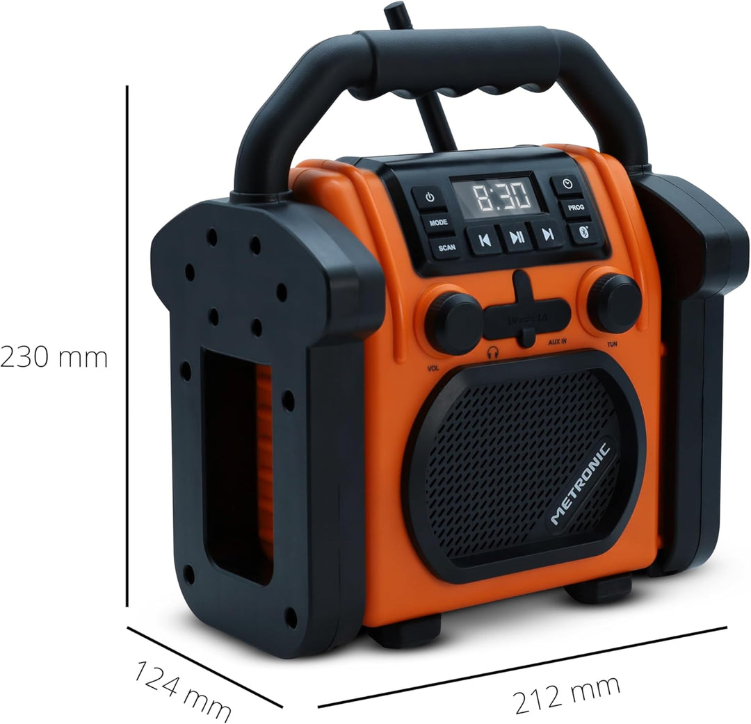 METRONIC 477227 Baustellenradio FM Bluetooth mit wiederaufladbarem Backup-Akku – robust, stossfest,
