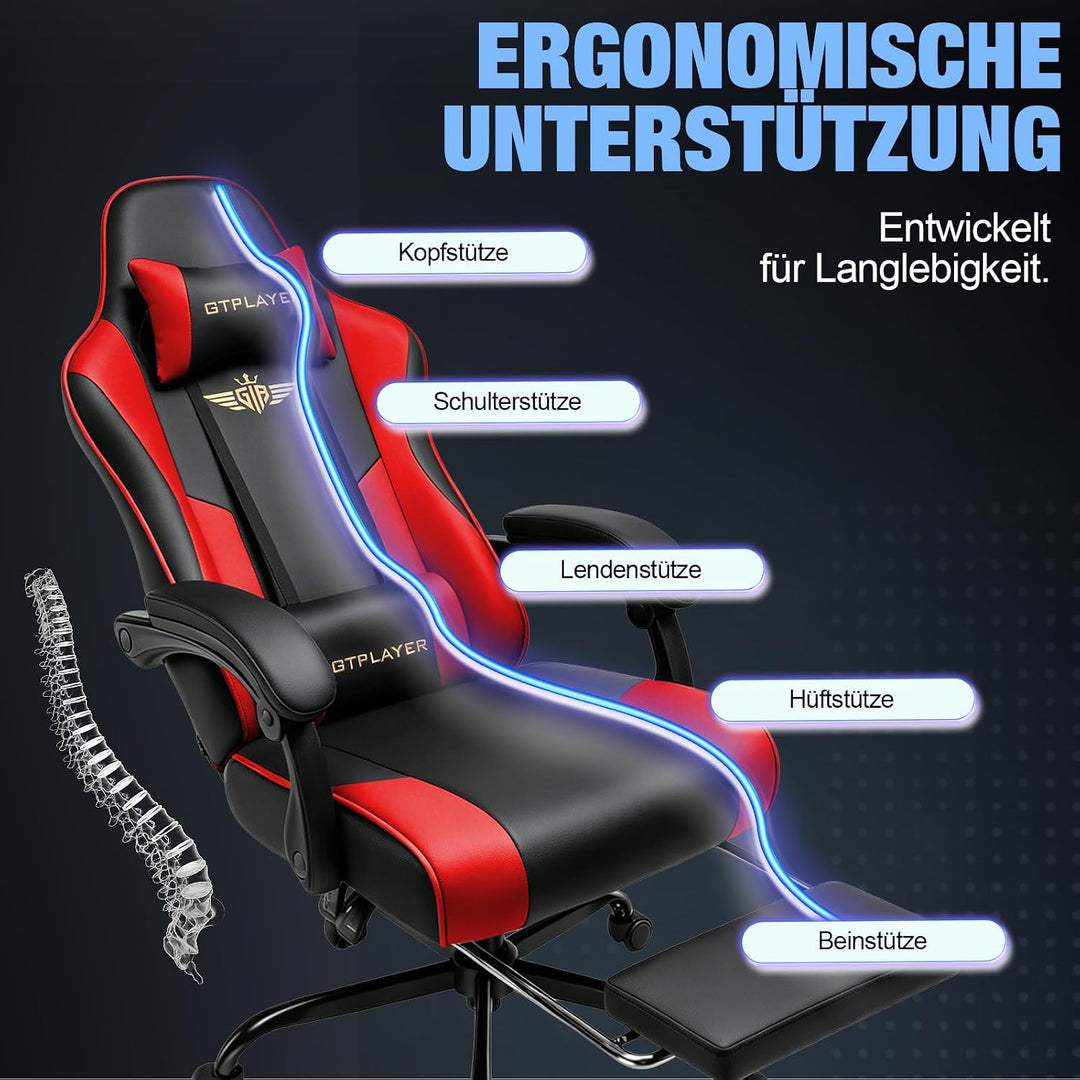 GTPLAYER Gaming Stuhl Chair Gamer Sessel - Ergonomischer Gamer Stuhl mit Fussstütze Kopfstütze und L