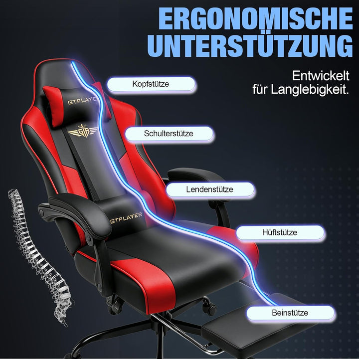 GTPLAYER Gaming Stuhl Chair Gamer Sessel - Ergonomischer Gamer Stuhl mit Fussstütze Kopfstütze und L