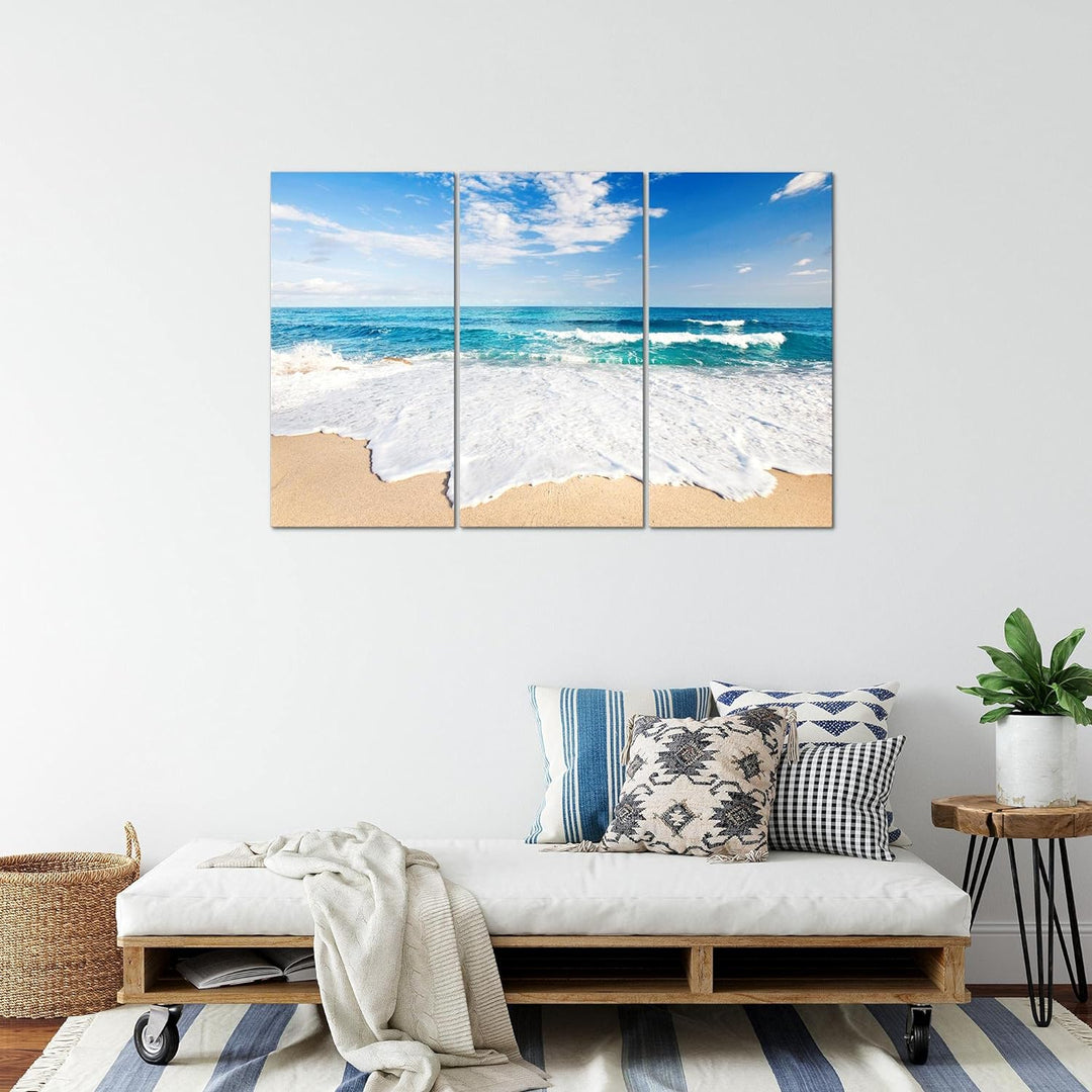 Runa Art Wandbilder Strand Meer Bild XXL Schlafzimmer Wohnzimmer Beige Blau Welle 120 x 80 cm 3 Teil