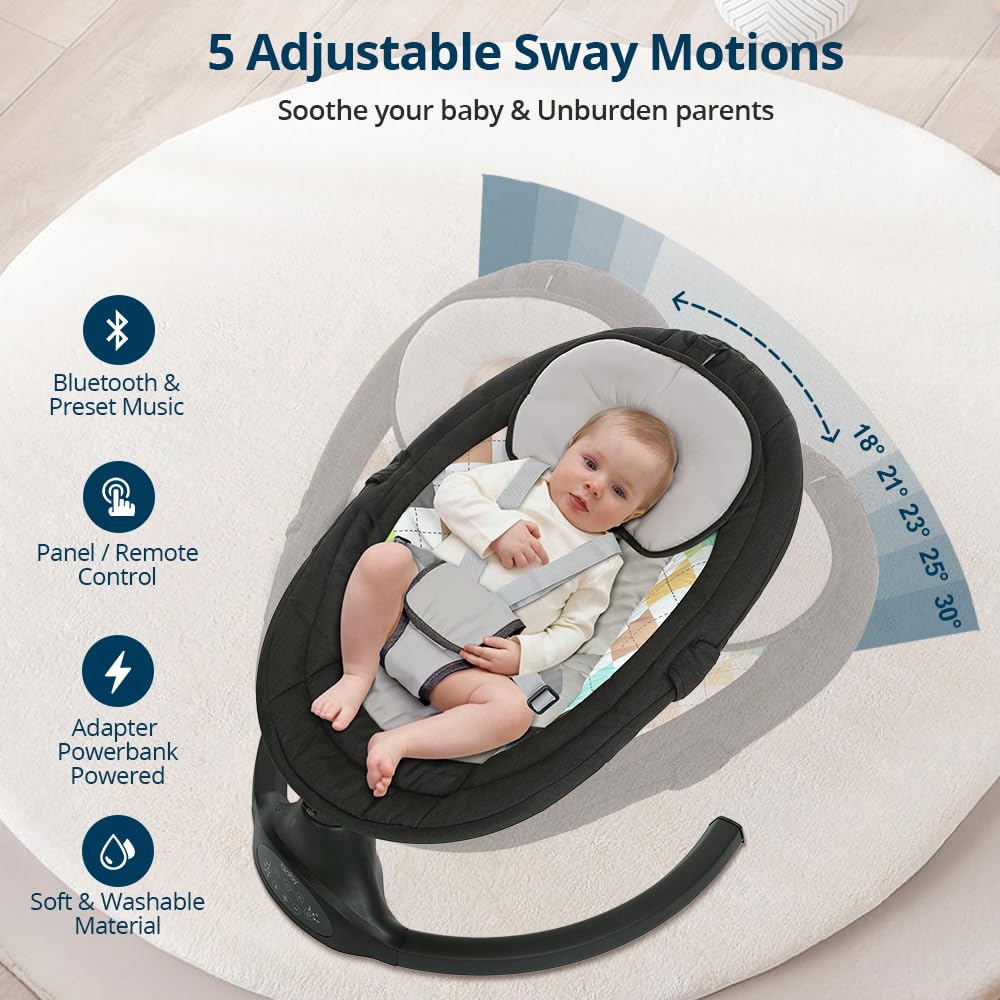 Bioby Elektrische Babywippe | Babyschaukel mit 5-Punkt-Gurt & 5 Schaukelmodi, Leicht & Sicher Wippe