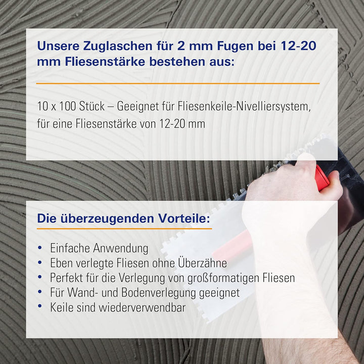 Karl Dahm Zuglaschen für 2 mm Fugen bei einer Fliesenstärke von 12-20mm, 10x 100 Stück – Geeignet fü