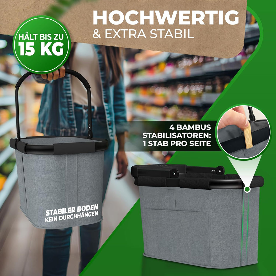 30l stabiler Einkaufskorb gross | Tragekorb mit Henkel und verstärktem Boden, Frontfach und Innentas