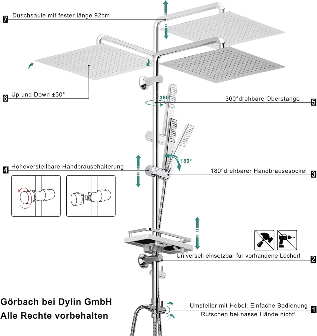 Görbach Regendusche Duschset Duschsystem mit Ablage Chrom ohne Duscharmatur (30x30) YT-3030CP-Ablage