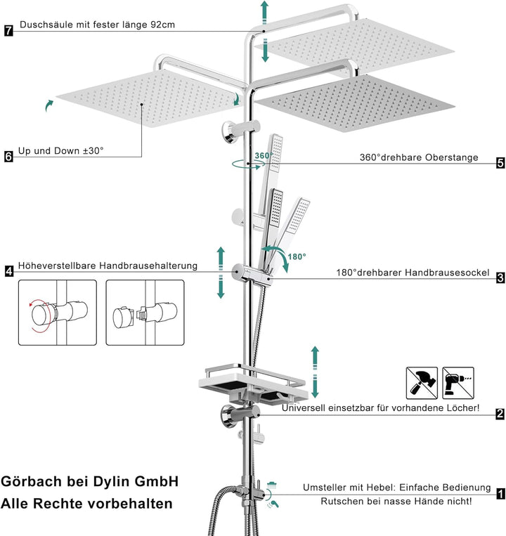 Görbach Regendusche Duschset Duschsystem mit Ablage Chrom ohne Duscharmatur (30x30) YT-3030CP-Ablage