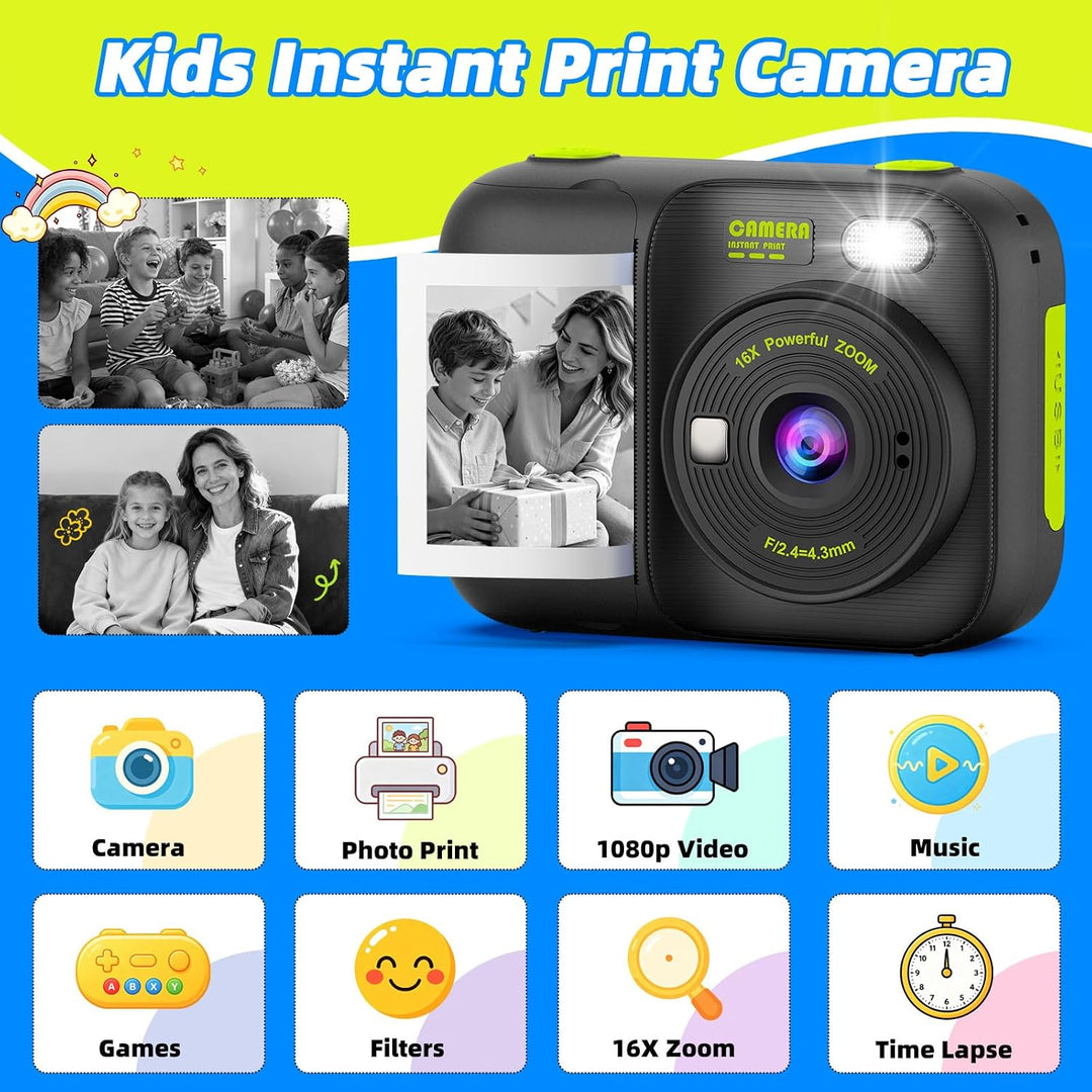 Kinder Sofortbildkamera, Digitalkamera mit Druck | 2,4 Zoll Display, 1080P HD Video, TF Karte &amp; 5 Ro