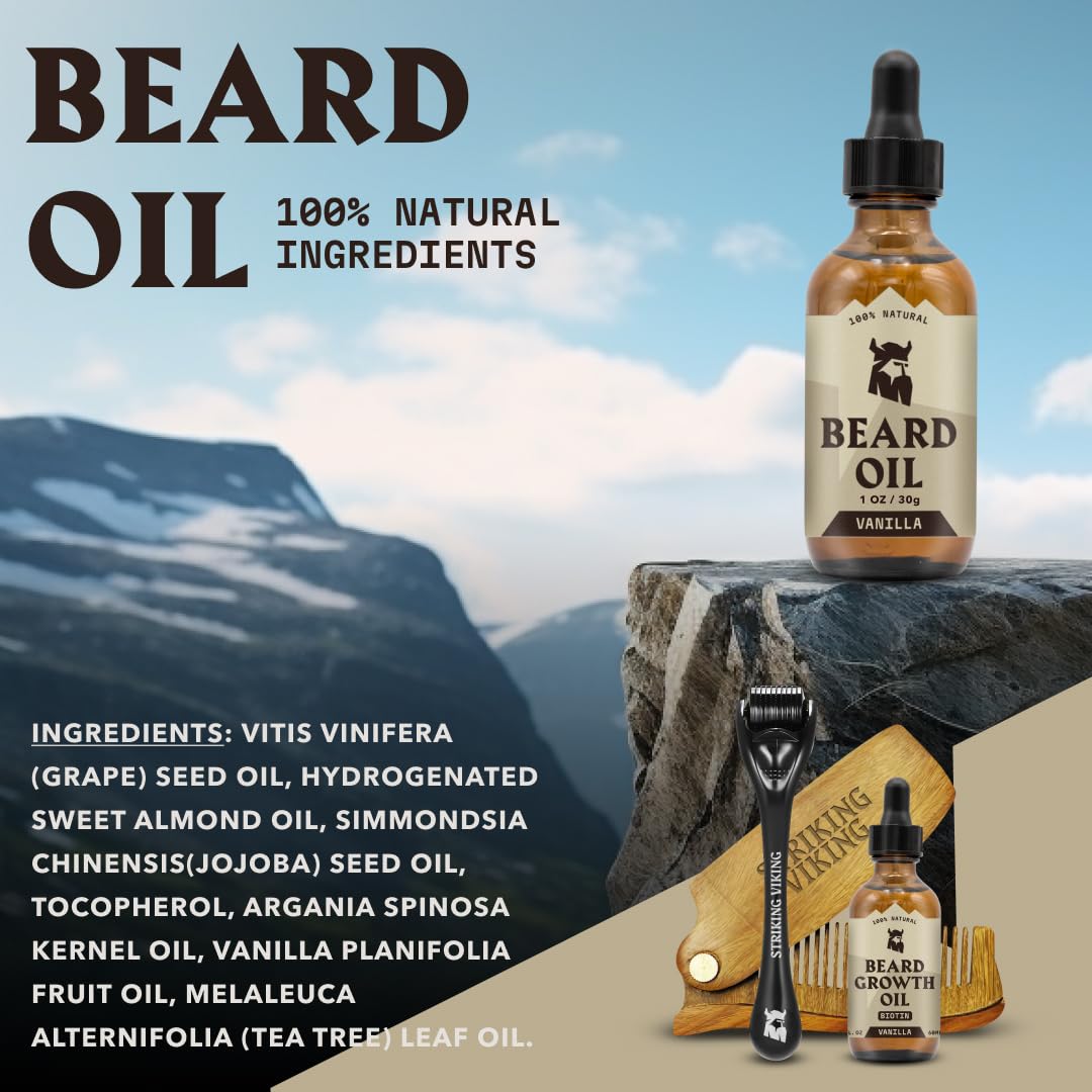 Striking Viking Bartpflege-Set mit Bartbalsam & Bartöl - 30 g / 30ml, Vanille - Bartöl mit Duft - Zä