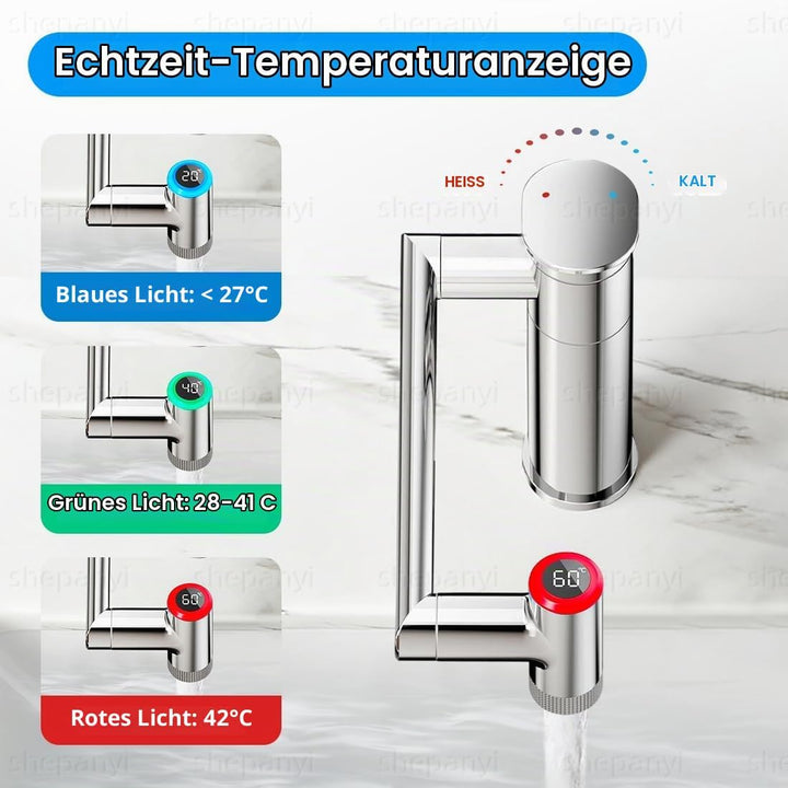 Wasserhahn Bad mit Temperaturanzeige(Batterielos), 1080° Drehbare Waschtischarmatur, Höhenverstellba