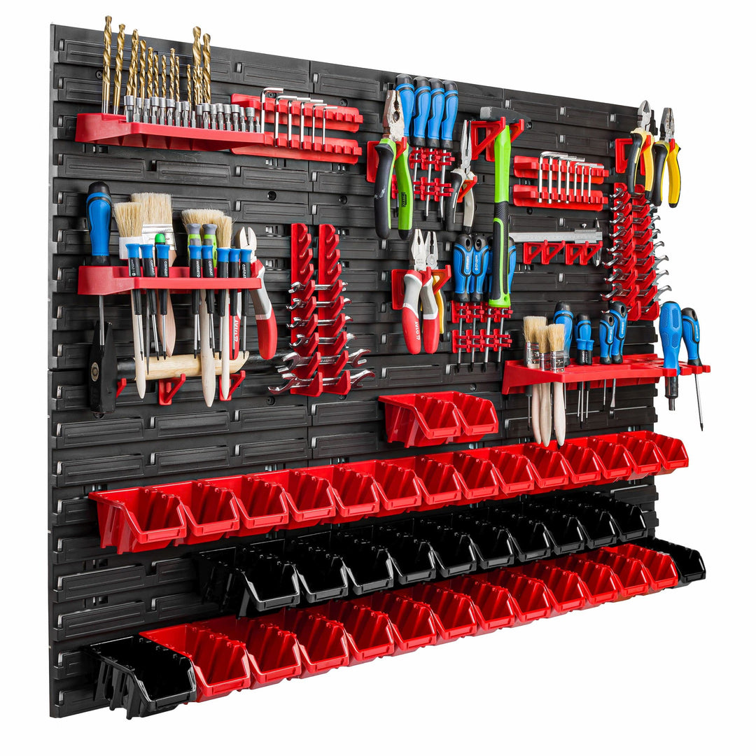 Lagersystem Werkstattregal | 117 x 78 cm | 40 stck. Box | Wandregal mit Werkzeughalterungen und Stap