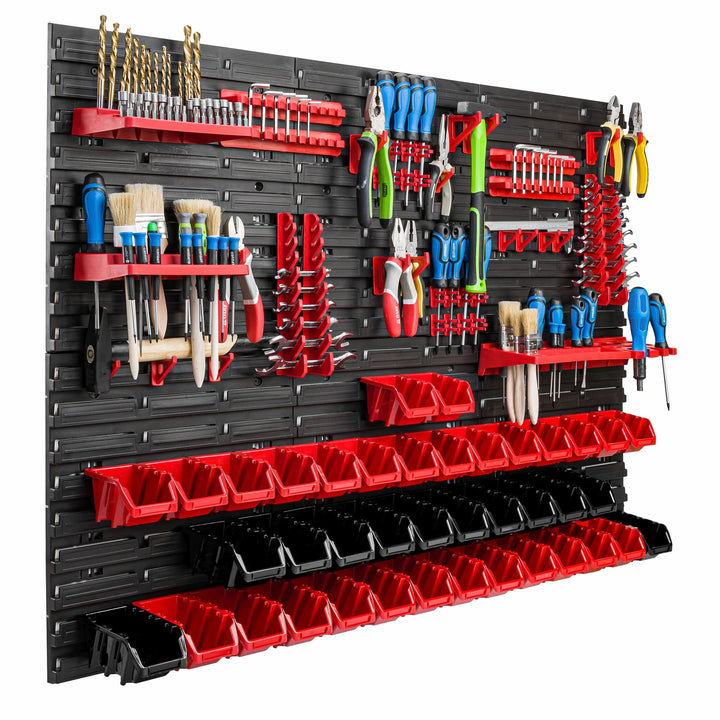 Lagersystem Werkstattregal | 117 x 78 cm | 40 stck. Box | Wandregal mit Werkzeughalterungen und Stap