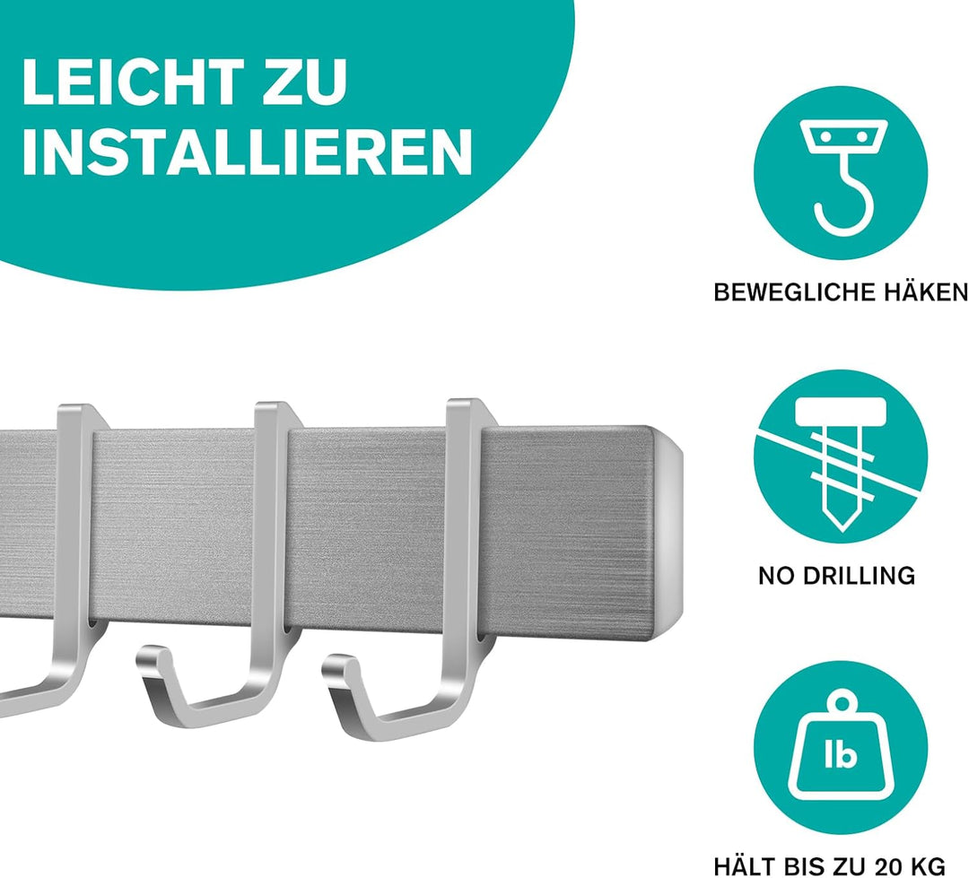 Hakenleiste Küche 40cm, Küchenhalterung ohne Bohren mit 7 abnehmbaren Haken, Aluminium Küche Hakenle