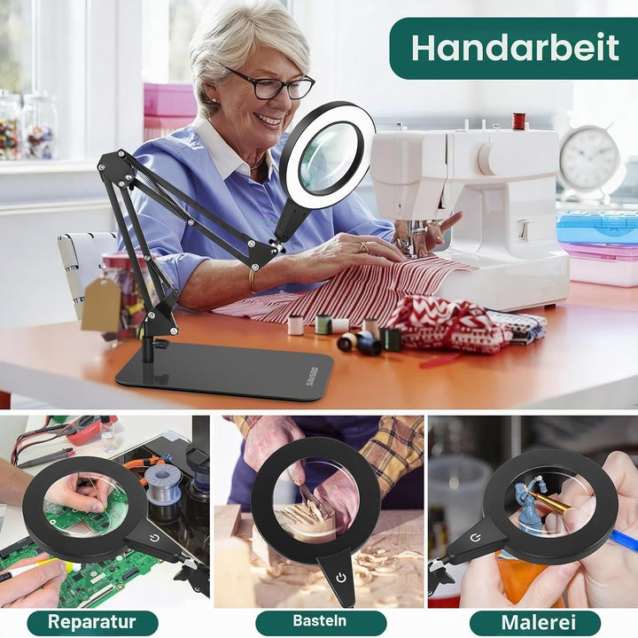 Lupe mit Licht und Ständer, Touch-Steuerung, 2-in-1 LED Lupenleuchte, Schreibtischlampe mit grossem