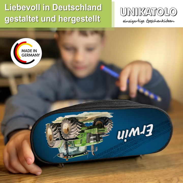 Federmäppchen Traktor mit Name personalisiert, Federtasche in dunkelblau für Jungs und Mädchen, Stif