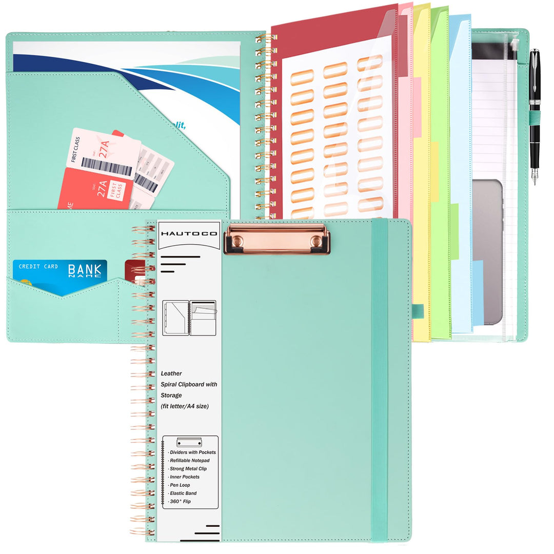 HAUTOCO PU-Leder Klemmbrett Folio mit Zip Beutel, Klemmbrettmappe A4 mit nachfüllbarem Notizblock, K