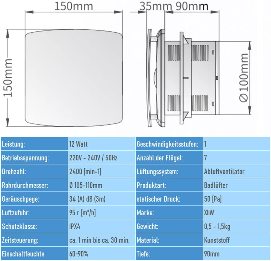Badlüfter Ø100mm mit Nachlauf und Feuchtigkeitssensor Badezimmerlüfter mit Rückstauklappe Bad Lüfter