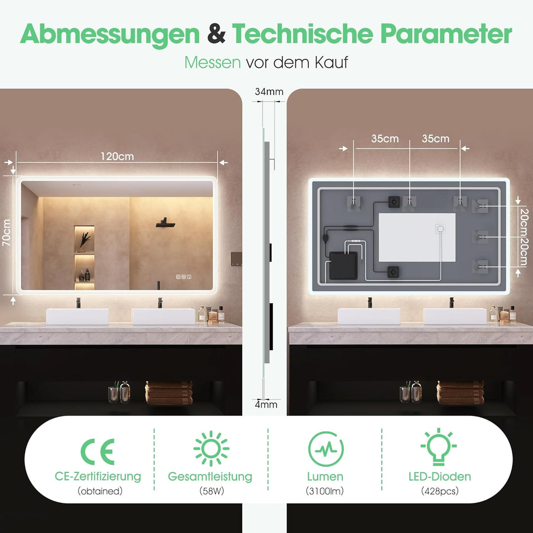 S'bagno Badspiegel-mit-Beleuchtung 120x70cm, Led-Badezimmerspiegel-mit-Bluetooth, Entfoggen, 3 Farbe