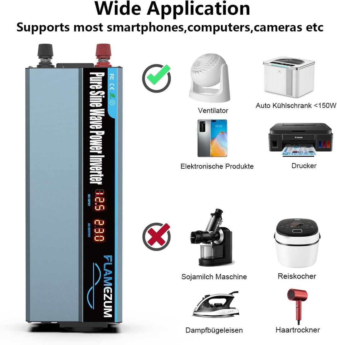 1000W/2000W Spannungswandler 12v auf 230v Reiner Sinus Wechselrichter Auto Power Inverter Konverter