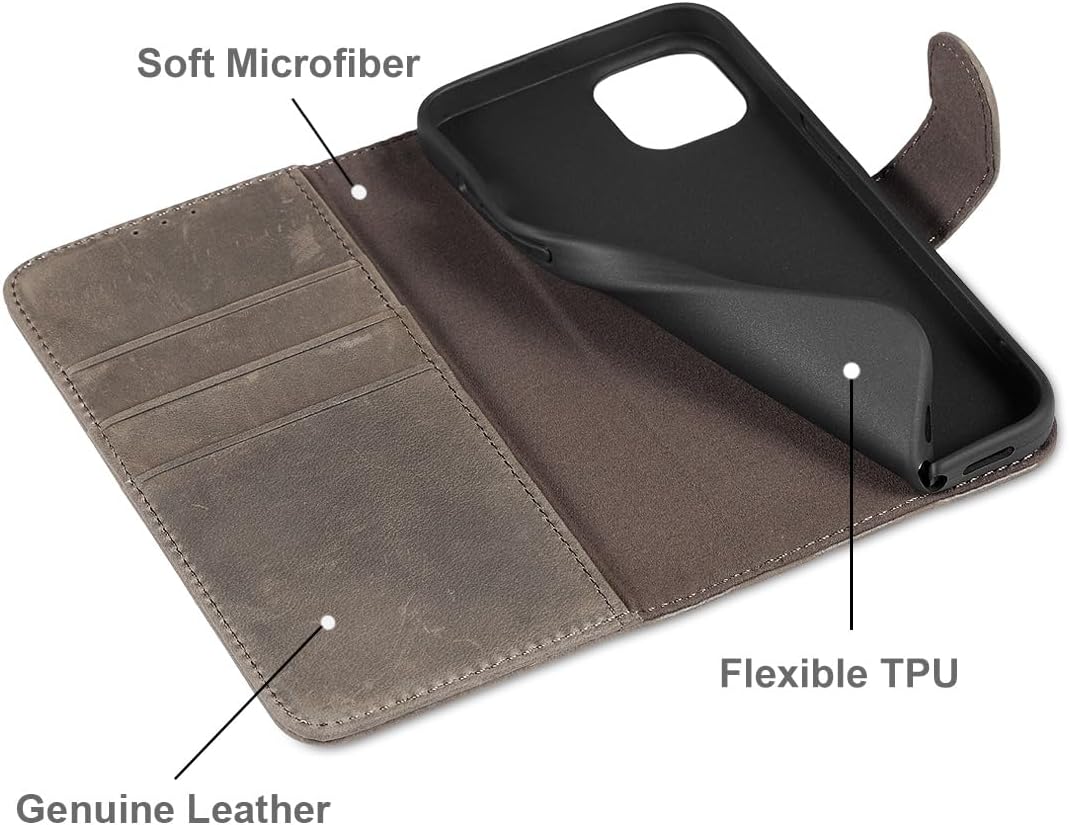 LENSUN Lederhülle für iPhone 13 5G, Handyhülle [Echtes Leder][Bookstyle][RFID Schutz] Echtleder Hüll