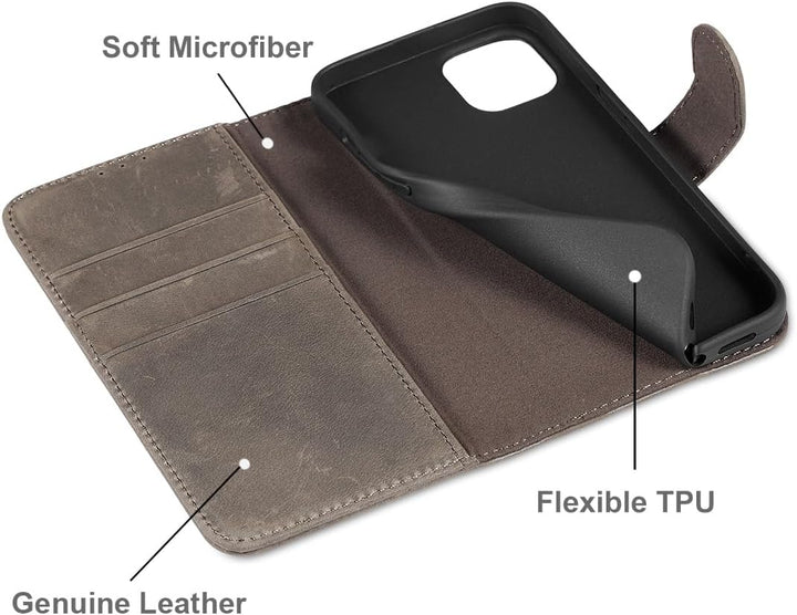 LENSUN Lederhülle für iPhone 13 5G, Handyhülle [Echtes Leder][Bookstyle][RFID Schutz] Echtleder Hüll