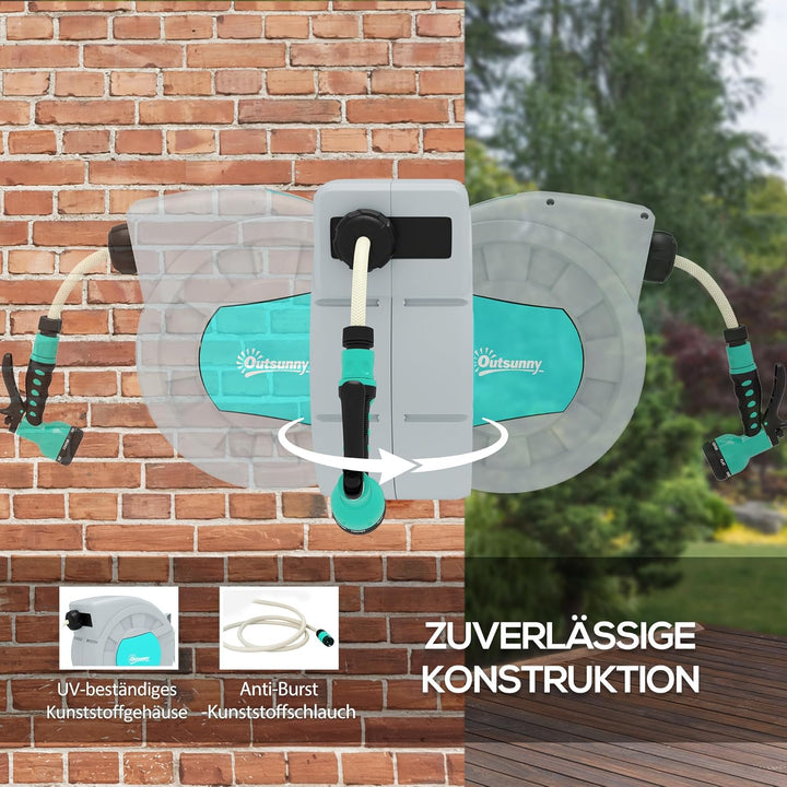 Outsunny Schlauchtrommel mit Gartenschlauch 30m, 180° schwenkbar Schlauchbox, Schlauchaufroller zur