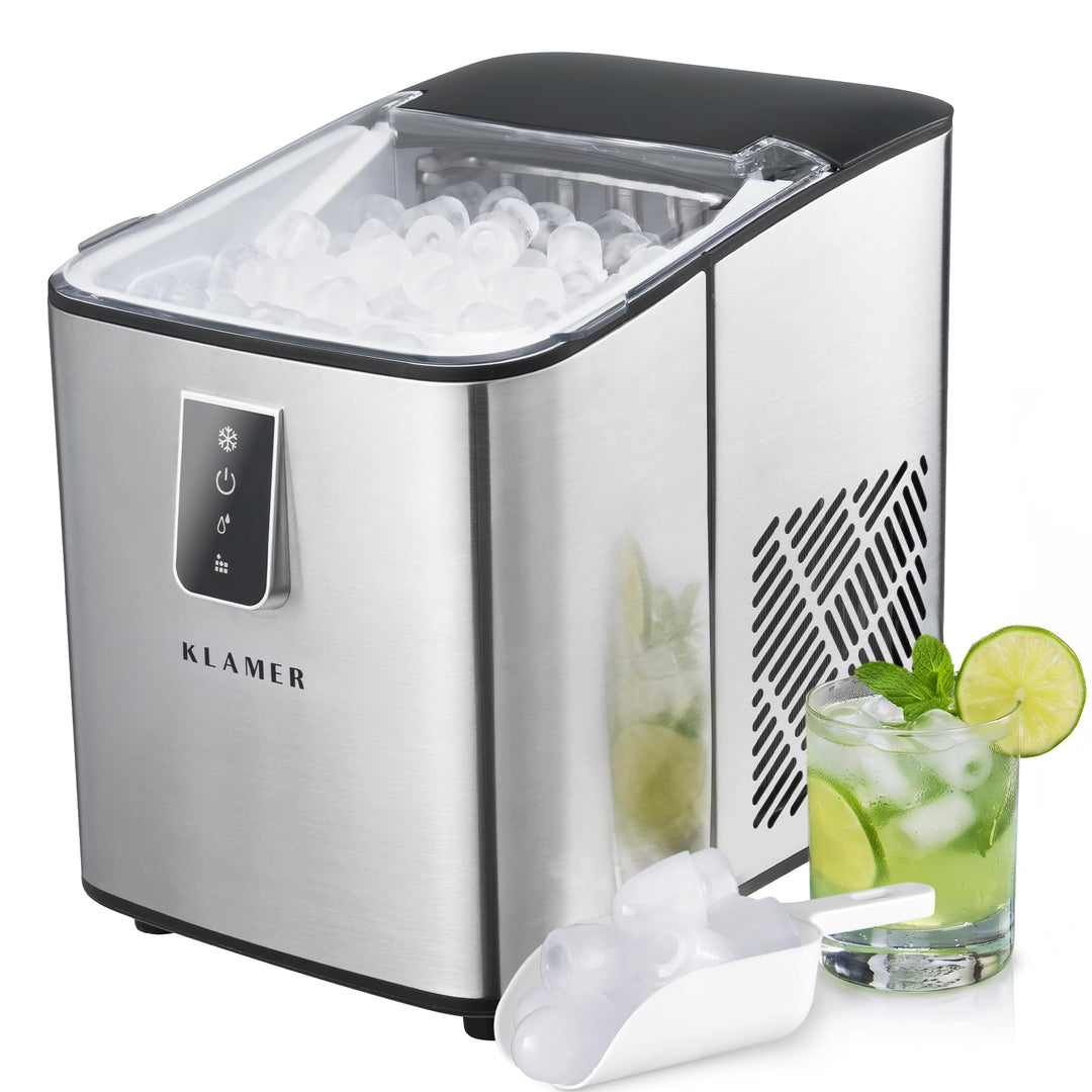 KLAMER Eiswürfelmaschine Edelstahl, 12 kg/24h, 8 Würfel in 8 Min, 1L | Geräuscharmer Kompressor, Tra