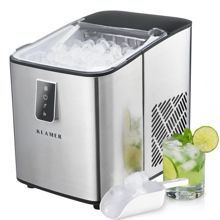 KLAMER Eiswürfelmaschine Edelstahl, 12 kg/24h, 8 Würfel in 8 Min, 1L | Geräuscharmer Kompressor, Tra
