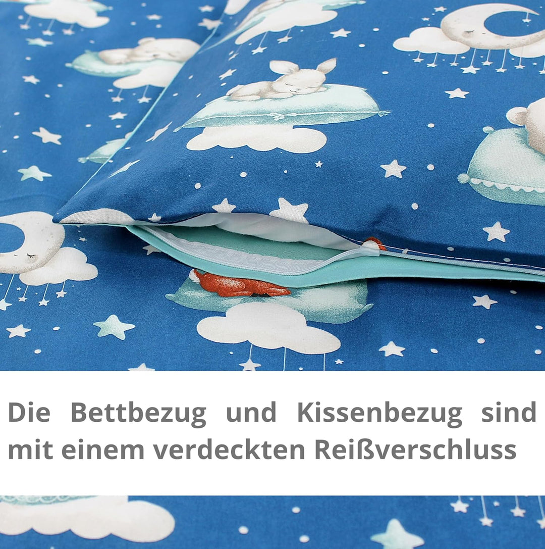 TupTam Kinder Bettwäsche Gemustert 2-Teilig Wendebettwäsche, Farbe: Schlafende Baby Tiere/Dunkelblau