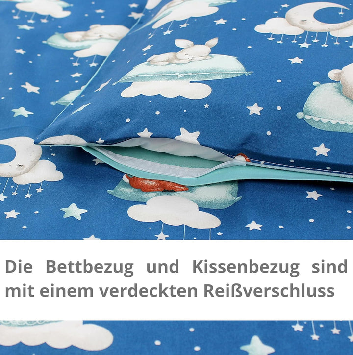 TupTam Kinder Bettwäsche Gemustert 2-Teilig Wendebettwäsche, Farbe: Schlafende Baby Tiere/Dunkelblau