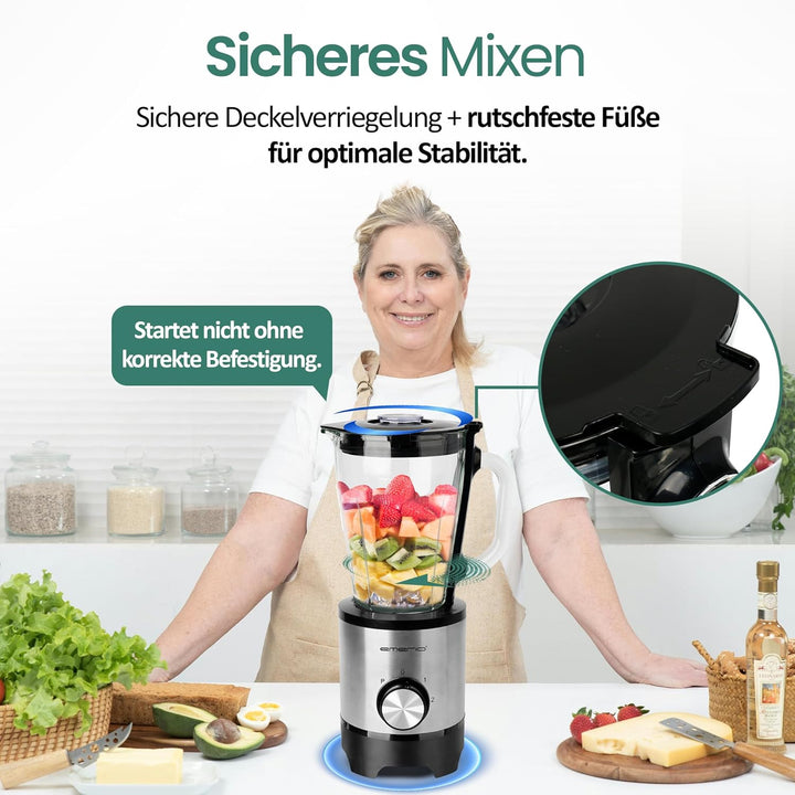 EMERIO Standmixer mit 1.5L Glasbehälter | BPA frei | Crush Ice Funktion | 2 Geschwindigkeiten + Puls
