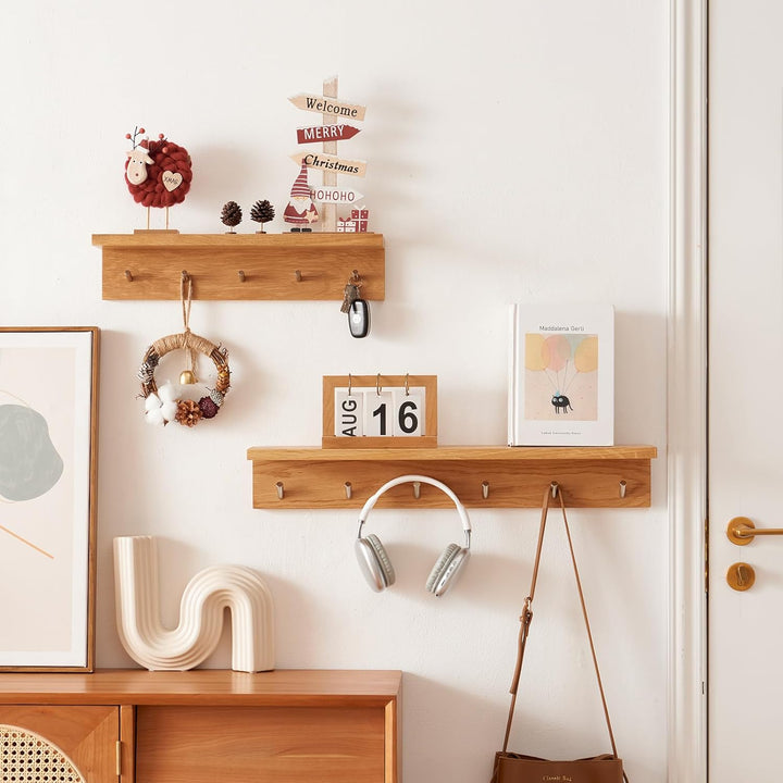 Garderobenleiste Holz 50cm, Garderobenhaken mit 5 Haken Wandgarderobe mit Ablage Schlüsselbrett mit