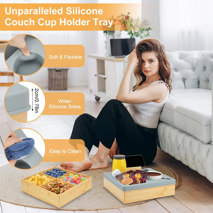 Bambus Snackbox Mit Fächern, Couchbar Snackteller Silikon, Bambusmaterial Couch Organizer, Sofatable