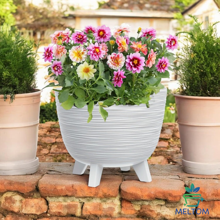 MELTOM Blumentopf mit Füssen aus Kunststoff Schale Rund Kräutertopf 3D Rillen (Weiss, L-40cm) L-40cm