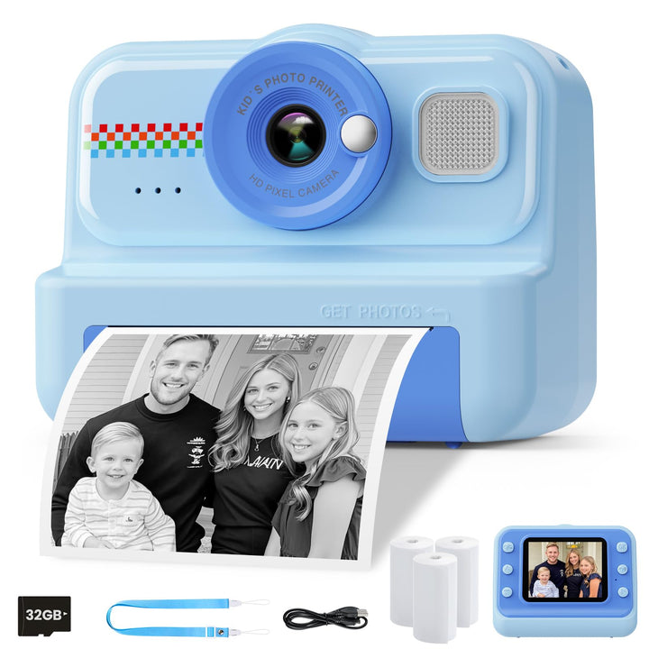HiMont Kinderkamera Sofortbildkamera, 1080P Sofortbildkamera Kinder mit 32GB Karte & 3 Rollen Druckp