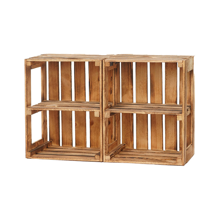 GrandBox Geflammte Holz-Kiste 50x40x30cm 2er Set mit Mittelbrett, Wein-Kiste, Obst-Kiste, Kaminholz-