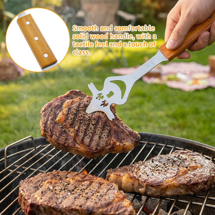 Grillbesteck Set Edelstahl 3-TLG, Grillzange mit Holzgriff Personalisierte, Fleischgabel und Grillwe